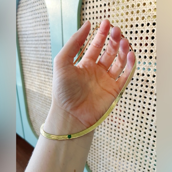 Snake Herringbone Green Gold Chain Emerald Birthstone Gem Choker Necklace Cuban - Picture 6 of 7